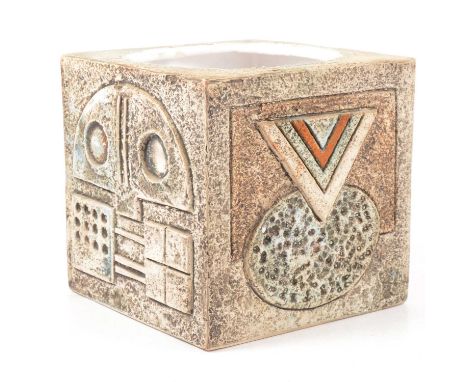 Troika, a large cuboid vase/ planter, each side with geometric designs, muted green, blue and buff tones, circular rimmed top