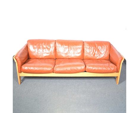 Danish mid-century three seat sofa, by Friis Mobler, designed by Hans Wegner, leather and beechwood sofa, length 204cm, depth