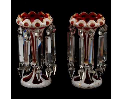 Pair of Victorian opaque overlaid ruby glass lustres, with prismatic drops, 25cm.Condition report:The bodies are good, just r