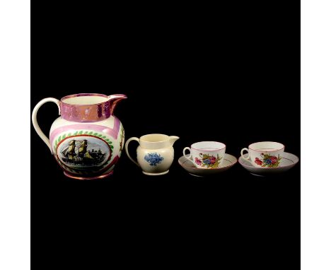 Two New Hall cups and saucers, printed floral pattern; a Rex Whistler designed Wedgwood jug, 'Clovelly' pattern; and a Sunder