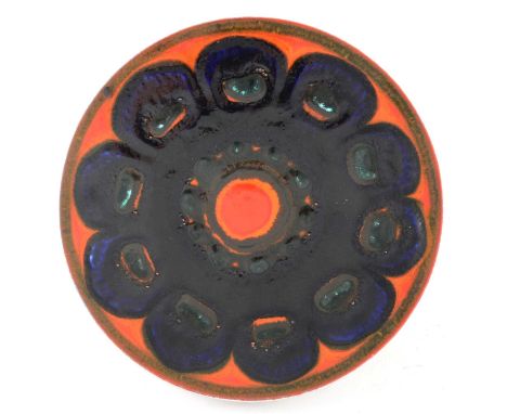 Poole pottery Delphis charger, diameter 36cm.Condition report:Some crazing to the deep glazes but otherwise no chips, hairlin