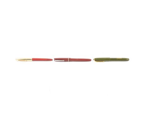 A collection of fountain pens, to include Parker Cross, nib marked 14K; Parker Duofold, nib marked 14K; Conway Stewart 851, n