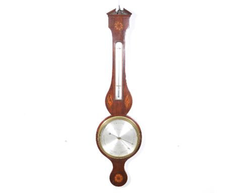 George III inlaid mahogany banjo shape wall barometer, silvered dial signed P. Masino, Edinburgh, the case with broken swan n