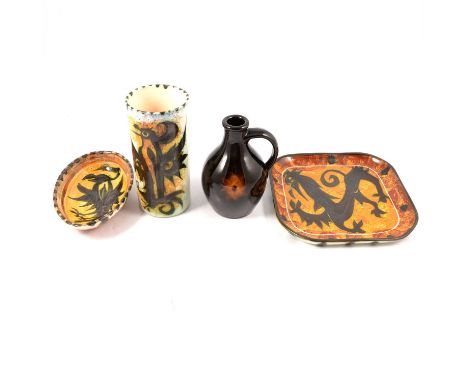 Celtic Pottery, Newlyn, square dish, 20cm, similar dish and cylindrical vase, and a Minehead pottery flask.Qty: 4Condition re