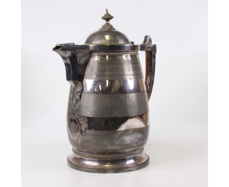 A large early 20th century silver plated jug, having a domed top with squat finial, the baluster body with three bands of eng