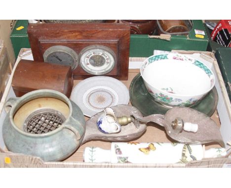 A box of miscellaneous items to include an early 20th century Smiths clock/barometer, dome top jewellery box, Portmeirion rol