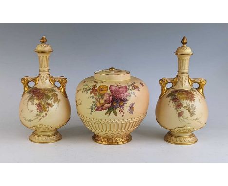A Royal Worcester blush ivory pot purri, circa 1895, shape 1286, decorated with flowers, puce mark, h.18cm, together with a p