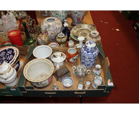 Two boxes of miscellaneous items, to include a copper inkwell, Canton teawares, blue and white jar and cover etc 