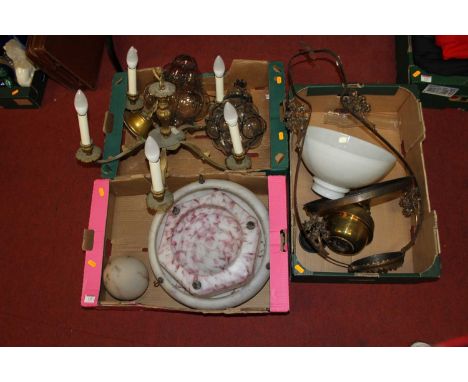 Three boxes of light fittings, to include a Victorian brass hanging oil lamp
