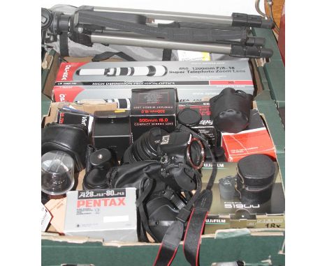 Two boxes of assorted camera equipment to include Pentax A28mm lens, Centon 500mm compact mirror lens, Fujifilm Finepix S1900