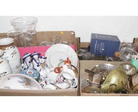 Five boxes of miscellaneous items to include Staffordshire figures, silver plated entree dishes, grocer's scales, etc