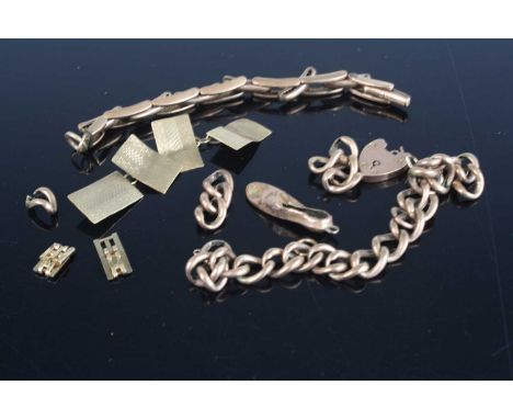 Assorted scrap 9ct gold, to include a pair of cufflinks, single charm, heart shaped padlock clasp, watch chain etc, 16.2g