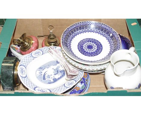 Two boxes of miscellaneous items to include an Art Deco style marble mantel clock, a Clarice Cliff Newport Pottery milk jug, 