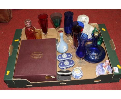 Glassware and ceramics, to include a Staffordshire model of a spaniel, a Royal Doulton figure of Monica, jasperware etc 