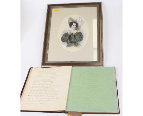 A Victorian scrap album and contents to include letters and musings; together with a Victorian heightened engraved portrait p