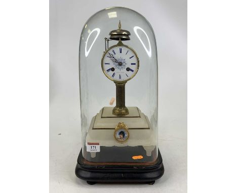A 19th century French brass and alabaster mantel clock, the enamelled dial showing Roman numerals and inscribed Rollin Paris,