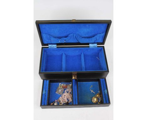 A faux leather clad jewellery box and contents to include a pair of 1970s gents silver cufflinks, rose quartz type necklace, 