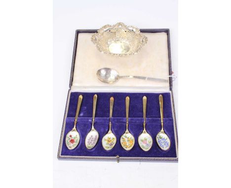 A set of six Elizabeth II silver-gilt teaspoons, each having floral enamel decoration to the bowl, Birmingham 1959; together 
