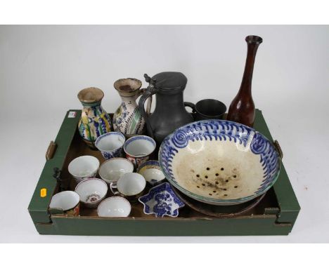 A collection of 18th century and later ceramics and metalwares, to include a Caughley blue and white porcelain tea bowl and o