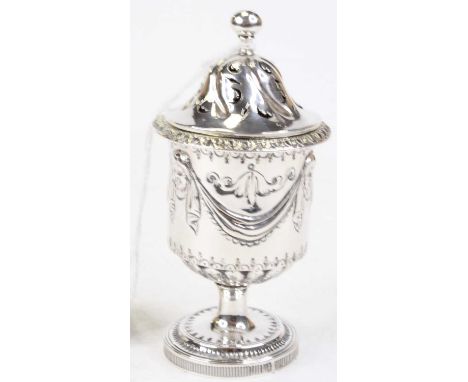 A Victorian silver pedestal pounce pot, the pierced dome cover with ball finial, the body relief decorated with masks and swa