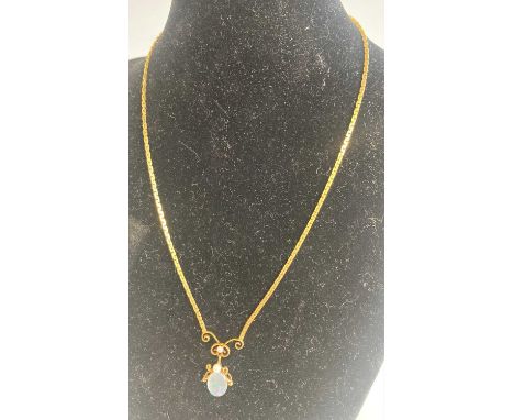 A 9ct gold necklace, having opal and seed pearl set pendant; together with a 9ct gold finelink necklace, gross weight 12.5g (