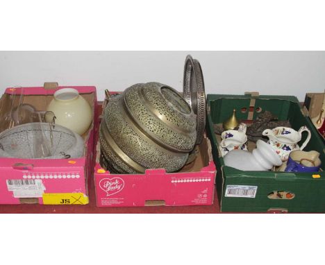 Three boxes of miscellaneous items to include 1930s oak ceiling light shade, Victorian water jugs, silver plated serving tray