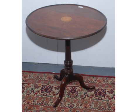 A George III mahogany tripod table, the later inlaid circular top on a baluster stem and downswept cabriole supports with pad