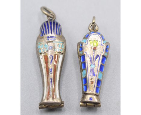 Two Egyptian silver enamelled sarcophagus charms each opens to reveal an enamelled gilt mummy. Condition report: Very small a