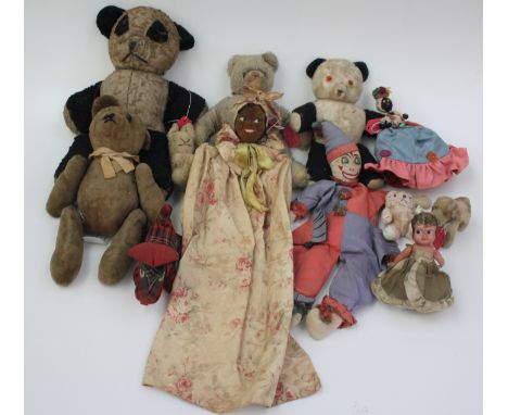 A 1940s West Indian puppet, length 60cm, five teddy bears and seven other toys including a clown.