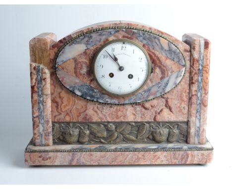 An Art Deco marble mantle clock, the 10.5cm enamel dial signed Quignon-Rombach, with arabic numerals above a rectangular bras