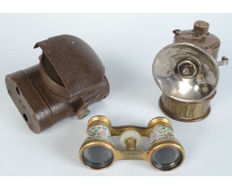 A pair of gilt metal and enamel opera glasses, width 9.5cm, a P & H brass lamp No.72, height 10.4cm and another lamp 'Lamps E