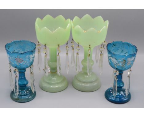 A pair of Victorian pale green glass lustres, height 22.5cm, diameter of top 10.7cm and a pair of blue glass white enamel, fl