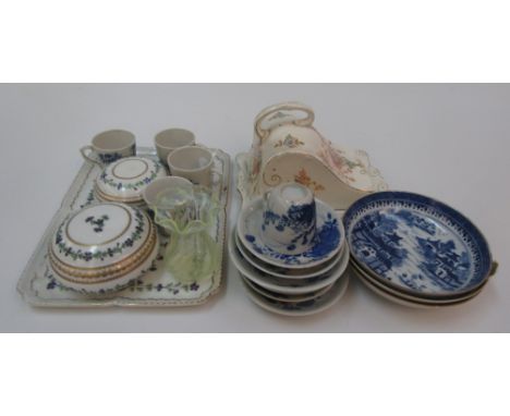 Three Chinese export blue and white porcelain dishes, 18th century, diameter 16cm, a Limoges porcelain part dressing table se