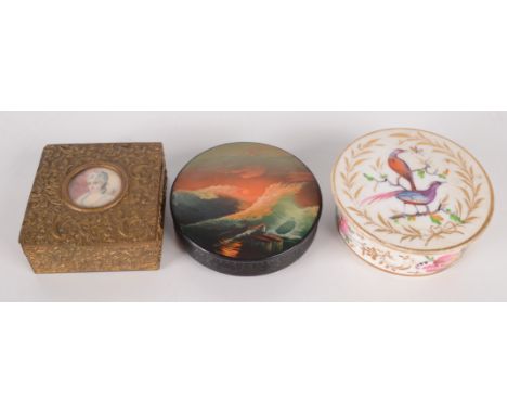 A gilt metal box the lid set a miniature portrait of Diana, together with a USSR lacquered box and a porcelain box.