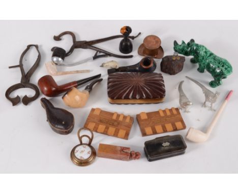 Miscellaneous including Georgian steel sugar cutters, Pall Mall whist markers, Victorian horn snuff box, malachite figure of 