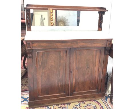 A Victorian rosewood marble topped chiffonier, 19th century, the single shelf above a mirror back, the lower part with a long