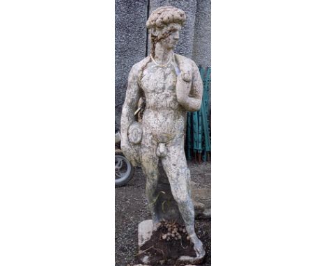 A large composition garden statue of a nude classical gentleman, on a square plinth base, height 120cm, width of base 33.5cm.