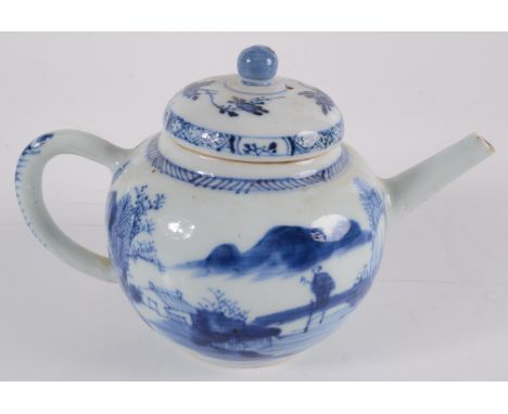 A Chinese porcelain blue and white teapot, 18th century, the body decorated with a river scene, height 11.5cm, width 17.5cm. 