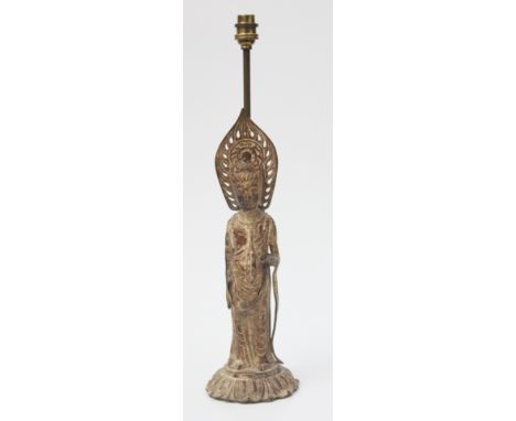 A South East Asian metal female figure, converted to a lamp base, height of figure 39.5cm, diameter of base 12.5cm. 