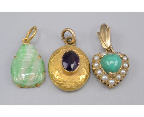 A 9ct gold heart pendant set turquoise and pearls, together with a jade Buddha pendant and one other pendant. 