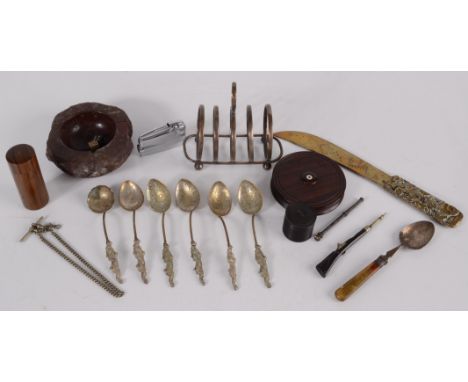 Miscellaneous including treen, six Japanese white metal teaspoons, Cornish serpentine ashtray, Ronson lighter etc.