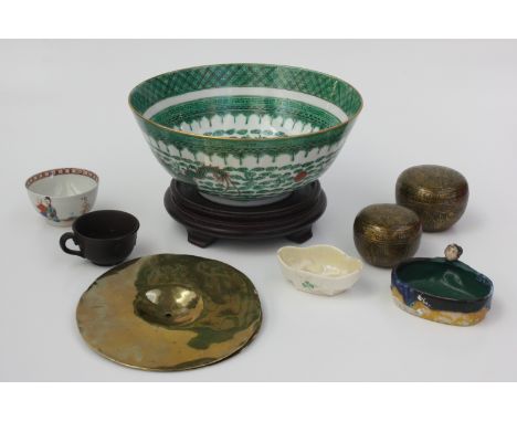 A Chinese famille rose tea bowl, diameter 7.5cm, a Sumida Gawa dish, a Belleek porcelain bowl, two metal jars, a pottery cup,