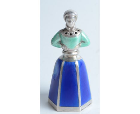A Norwegian silver Jacob Tostrup blue and green enamel pepper in the form of a lady.