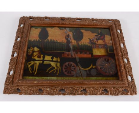 A reverse print on glass entitled Sir Francis Burdetts Triumphal Car, 19th century, in a pierced giltwood frame, 36.5 x 46cm 