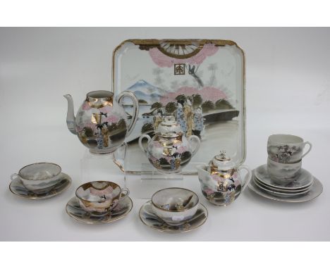 A Japanese porcelain tea service and tray, size of tray 36 x 35.5cm, together with similar Japanese porcelain.