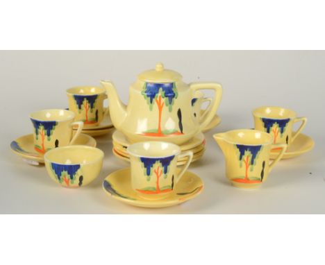 A 1930s tea set, the yellow ground decorated with stylised trees, comprising a tea pot, five tea cups, six saucers, five side