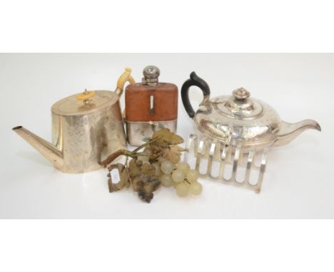 A Georgian style silver plated teapot, with ivory finial and handle, height 14.5cm, length 16.5cm, another teapot with an ebo