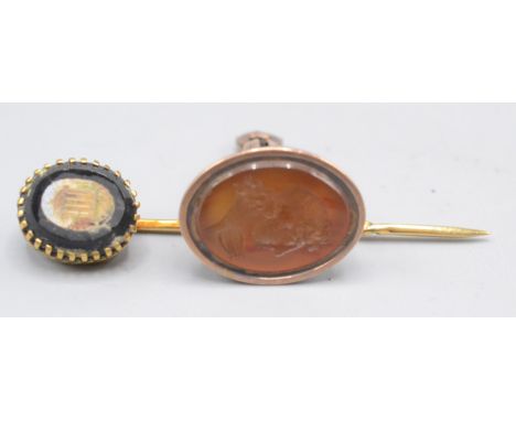An Italian micro mosaic stick pin, together with a gold seal.