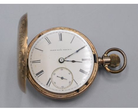 An Elgin National Watch Co engraved and engine turned 14ct gold full hunter cased keyless pocket watch, the movement numbered