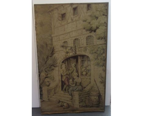 An Flemish style machine made tapestry, late 19th/early 20th century, decorated with figures at the inn door, mounted on a wo